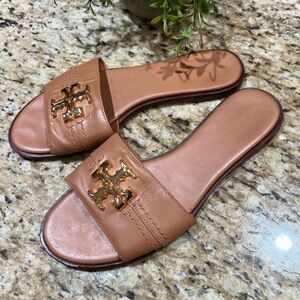 Tory Burch Crocco Everly Tan Leather Slides Sandals 9M